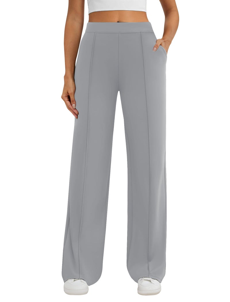DLOODA Womens Dress Work Pants Business Casual Slacks Stretchy Wide Leg Trousers with Pockets High Waist Pull On Light Grey - Image 1