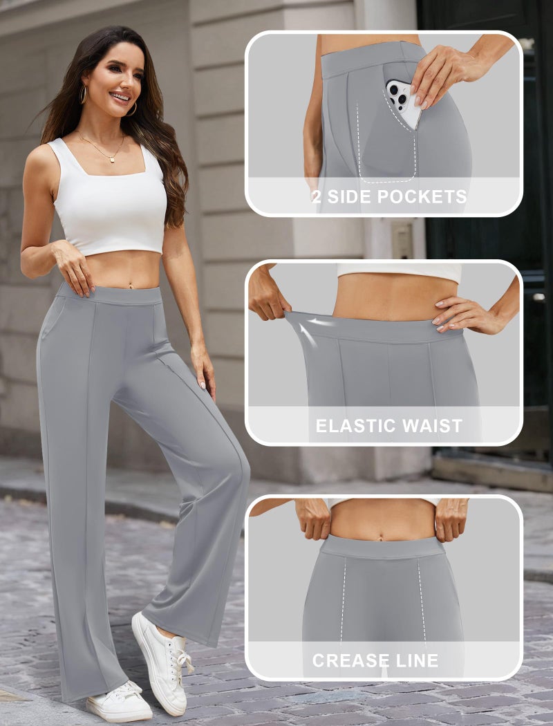 DLOODA Womens Dress Work Pants Business Casual Slacks Stretchy Wide Leg Trousers with Pockets High Waist Pull On Light Grey - Image 5