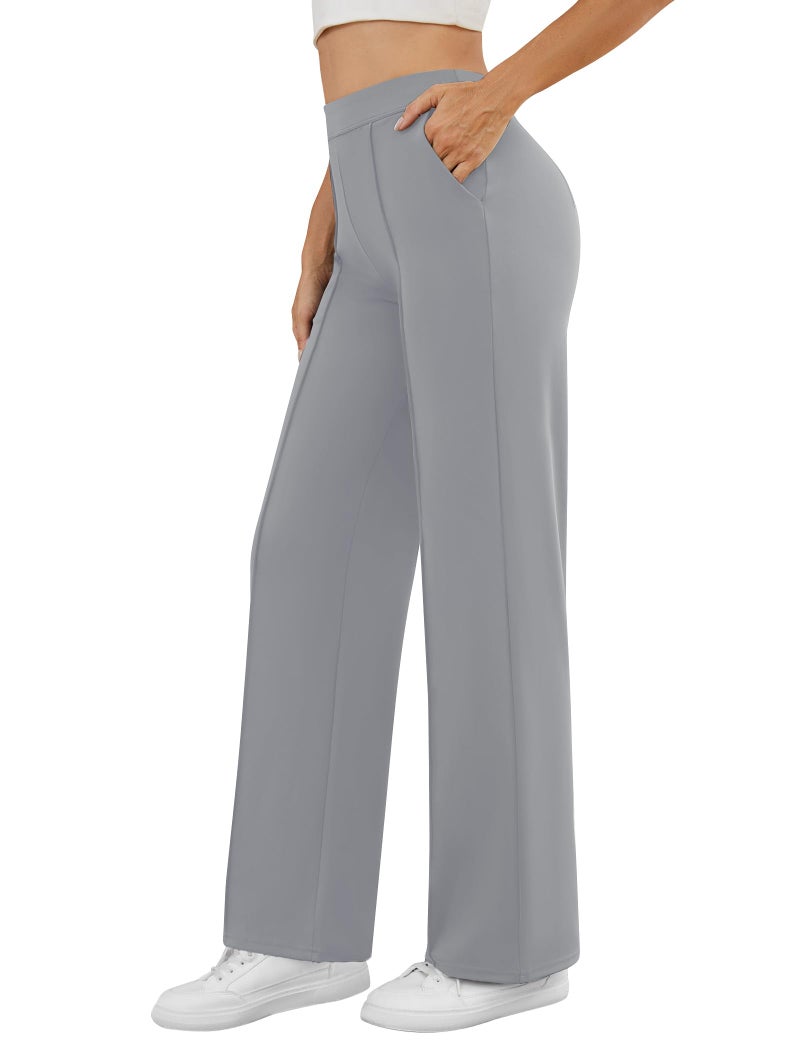 DLOODA Womens Dress Work Pants Business Casual Slacks Stretchy Wide Leg Trousers with Pockets High Waist Pull On Light Grey - Image 2