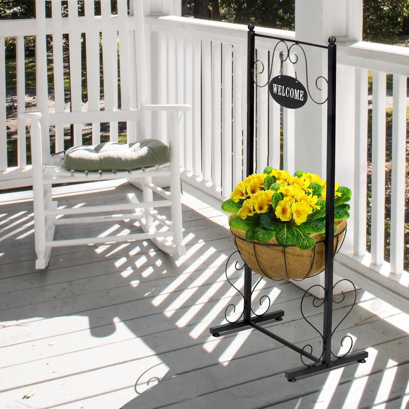 Sorbus Welcome Planter Basket Stand with Coco Liner, Stylish Flower, Plant, and Outdoor Décor for Home, Garden, Patio, Deck, Black Metal - Image 4