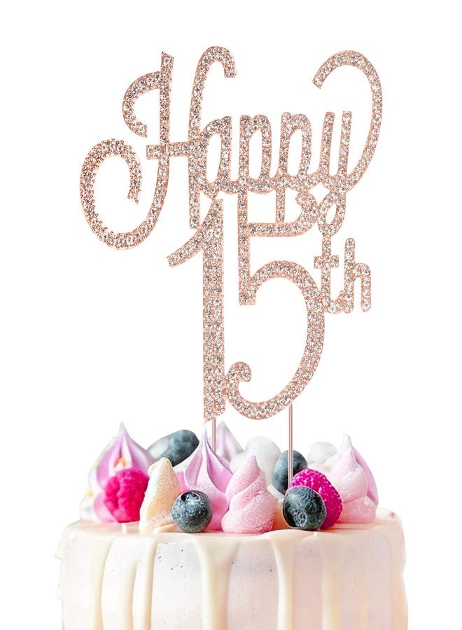 Marwey Happy 15th Cake Topper - Rose Gold 15th Birthday Decorations for Girls - 15th Birthday Anniversary Party Supplies - Image 1