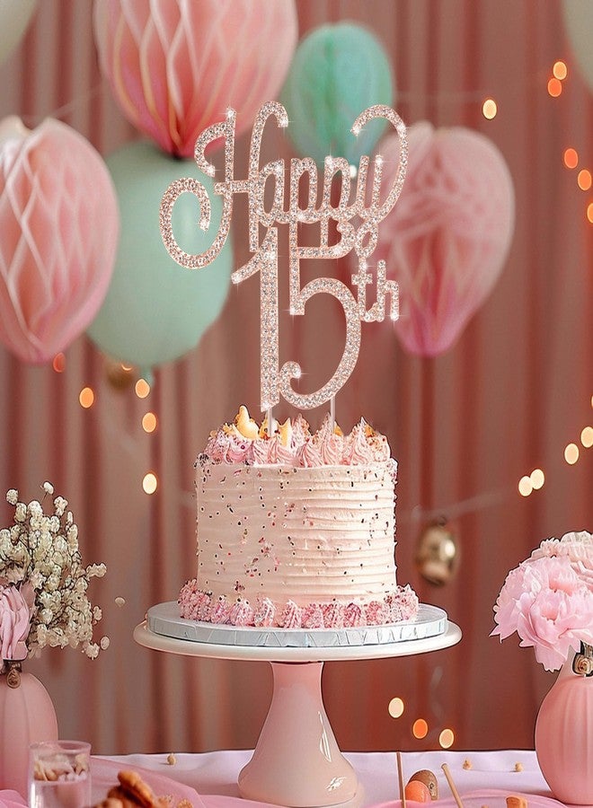 Marwey Happy 15th Cake Topper - Rose Gold 15th Birthday Decorations for Girls - 15th Birthday Anniversary Party Supplies - Image 3