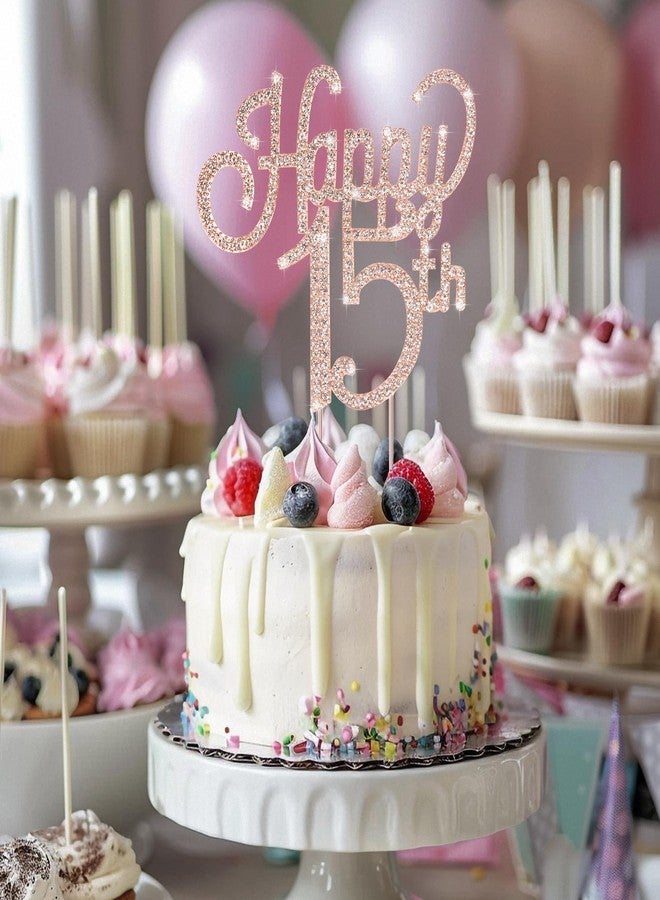 Marwey Happy 15th Cake Topper - Rose Gold 15th Birthday Decorations for Girls - 15th Birthday Anniversary Party Supplies - Image 4