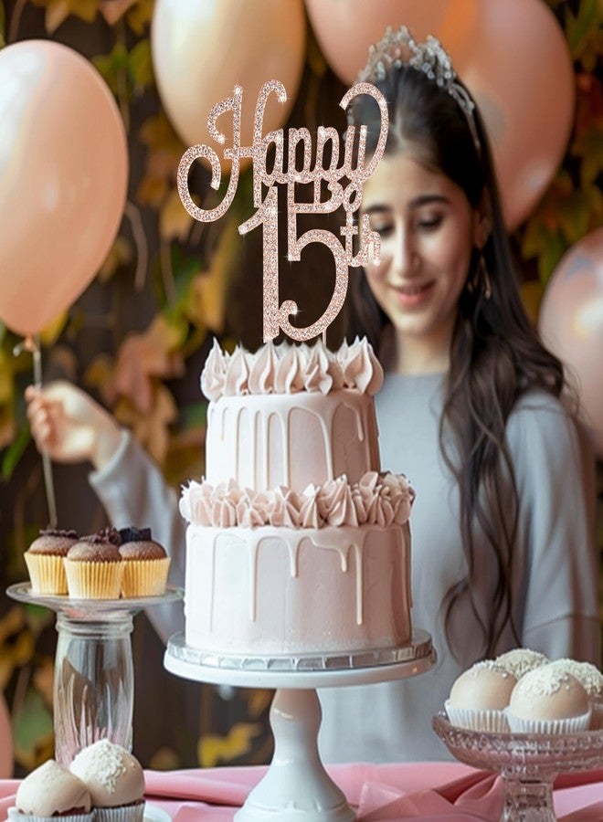 Marwey Happy 15th Cake Topper - Rose Gold 15th Birthday Decorations for Girls - 15th Birthday Anniversary Party Supplies - Image 5