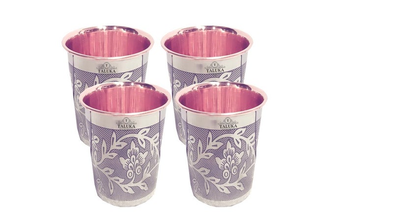 Taluka Etching Embossed Steel Copper Glass Tumbler Cup 250 Ml Silver Set of 4 - Image 1