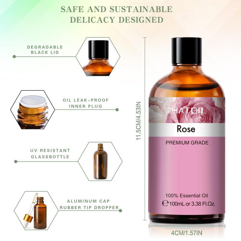 PHATOIL 3.38FL.OZ Rose Essential Oil with Glass Dropper, for Aromatherapy Diffusers, Humidifiers, Great for DIY Candle and Soap Making, Huge 100ML Bottle - Image 5