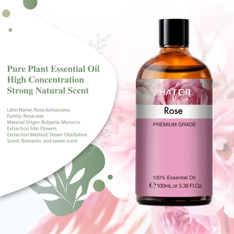 PHATOIL 3.38FL.OZ Rose Essential Oil with Glass Dropper, for Aromatherapy Diffusers, Humidifiers, Great for DIY Candle and Soap Making, Huge 100ML Bottle - Image 2