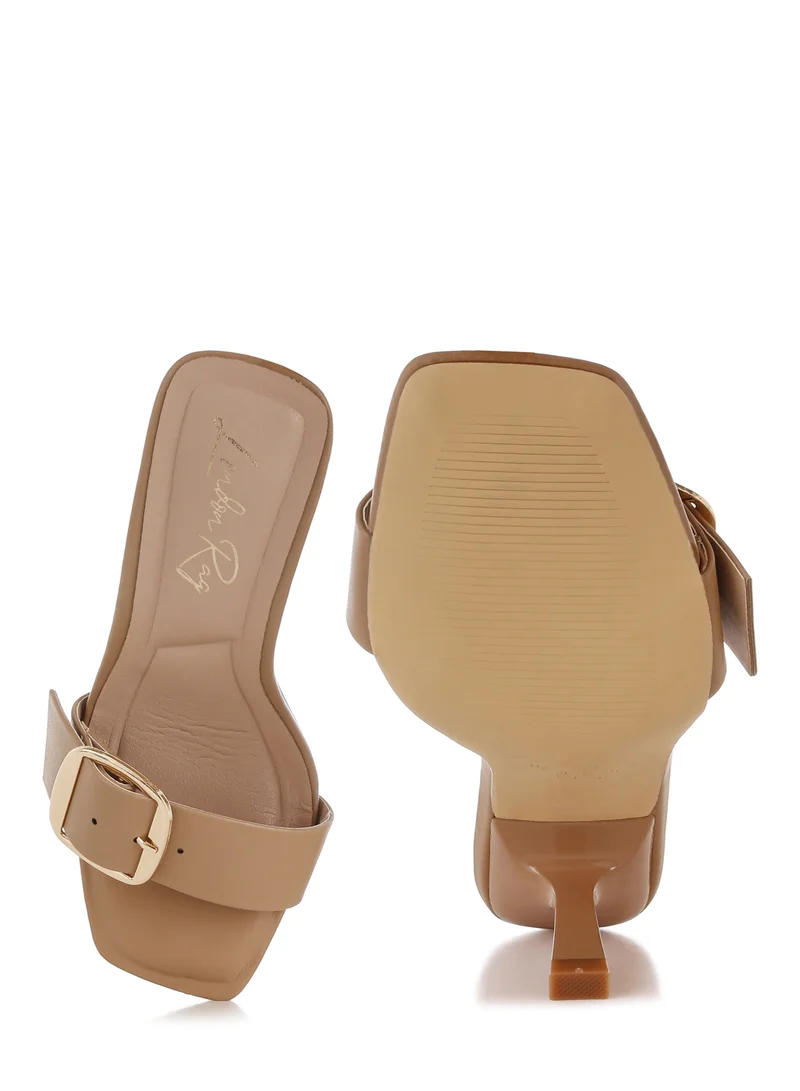 London Rag Buckle Strap Slip On Sandals in Tan