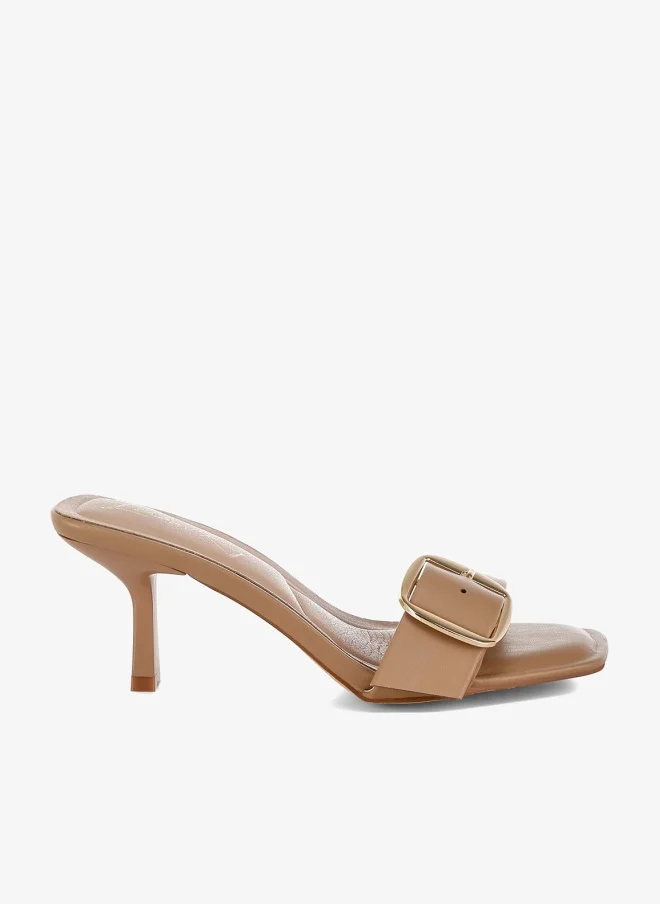 Buckle Strap Slip On Sandals in Tan