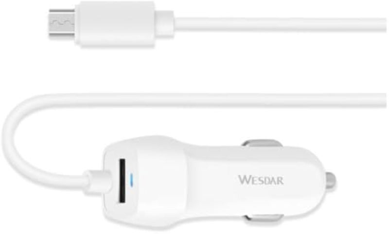 شاحن سيارة USB سريع الشحن مع كابل Micro USB مدمج بطول 1.5 متر - 5 فولت/2.1 أمبير للهواتف الذكية والأجهزة اللوحية وأجهزة تحديد المواقع GPS - أبيض