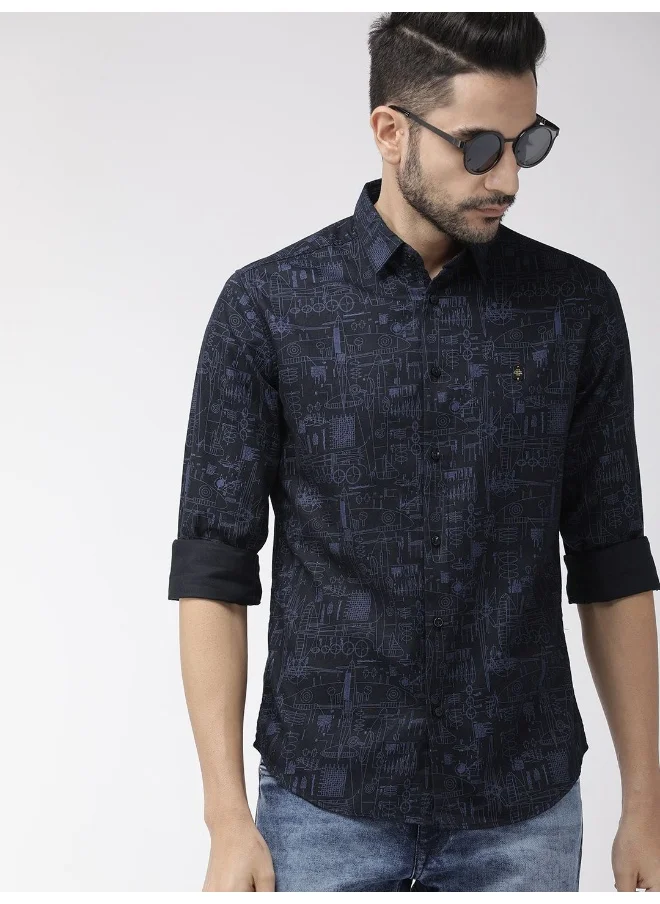 The Indian Garage Co Black Slim Fit Casual Abstract Cutaway Collar Full Sleeves Cotton Shirt