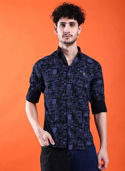 The Indian Garage Co Men Slim Fit Abstract Printed Full Sleeves Cutaway Collar Casual Shirt