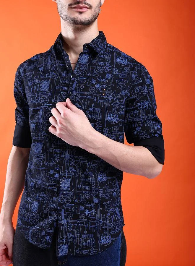 شركة المرآب الهندية Men Slim Fit Abstract Printed Full Sleeves Cutaway Collar Casual Shirt