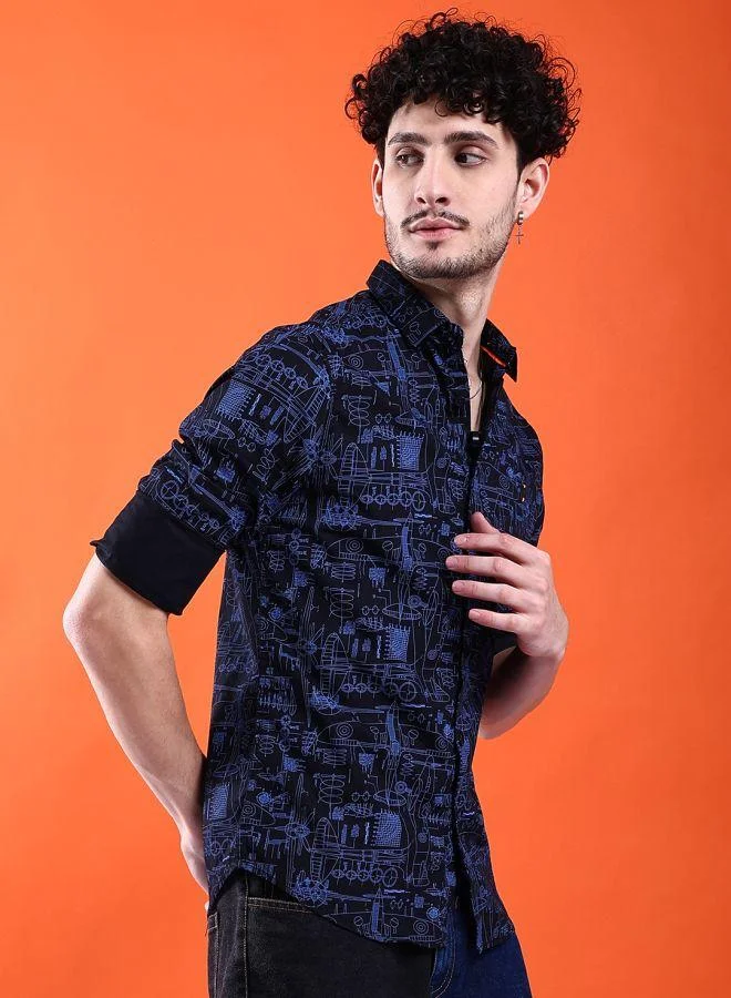 شركة المرآب الهندية Men Slim Fit Abstract Printed Full Sleeves Cutaway Collar Casual Shirt