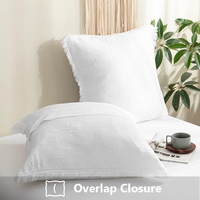 Simple&Opulence 100% Linen Euro Sham Pillow Covers Belgian Flax-Set of 2, Decorative Pillow Cover with Tassels, Boho Shabby Chic Style for Couch/Bed, White, 26" x 26" - Image 3