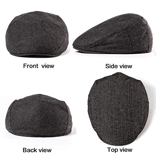 LADYBRO Newsboy Cap for Men - Black Herringbone Tweed Wool Blend Cabbie Newsboy Ivy Hat - Image 5