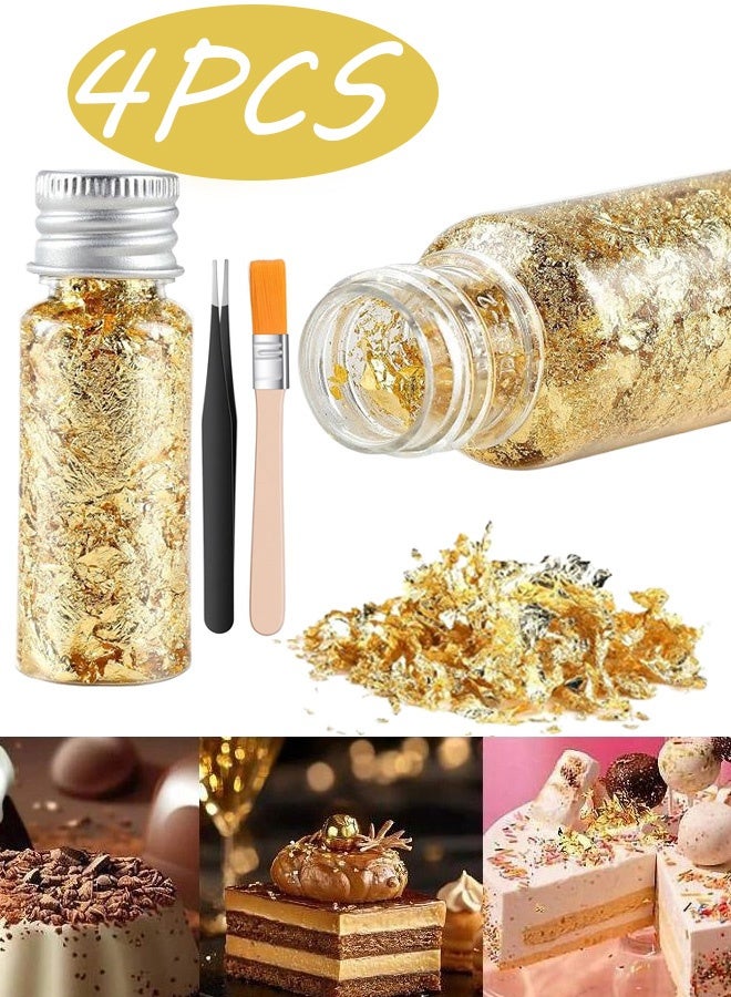 4 Pcs Edible Gold Leaf Sheets with Brush and Tweezers Food Grade Gold Foil Flakes DIY Decor for Cake Dessert Chocolate Baking Cooking Crafts Makeup Decoration - Image 1