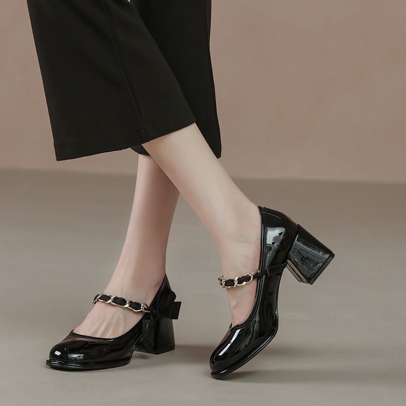 Mary Jane Women'S Shoes All-Match High Heels Not Tired Feet Small Man Round Toe Etiquette Dress French Chunky Heel Single-Layer Shoes - Image 1