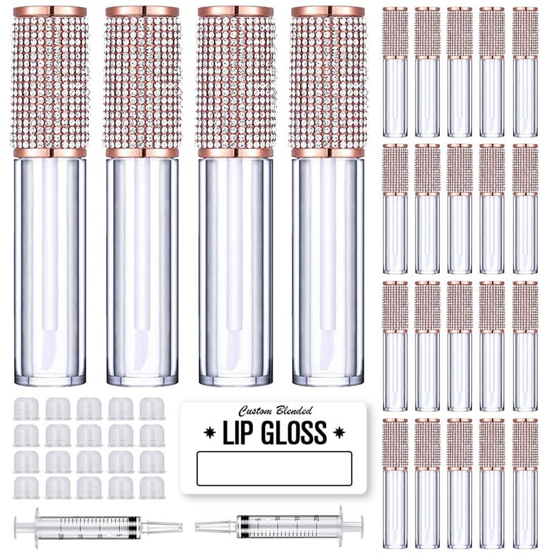 AMORIX 24 Pack Crystal Rhinestone Lip Gloss Tubes with Wand 5ml Empty Containers Syringes Labels
