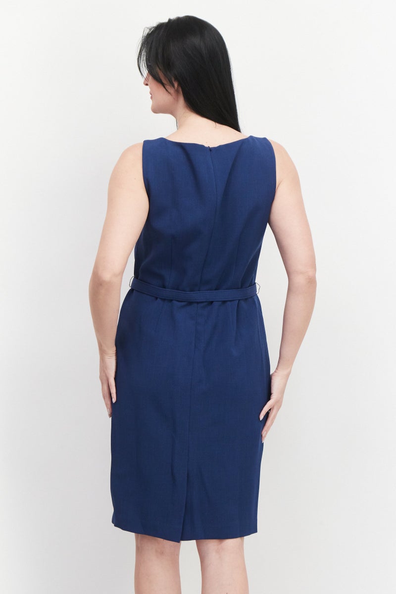 Nipon Boutique Women 2 Pcs Solid Belted Suit Dress Set, Navy  - Image 3