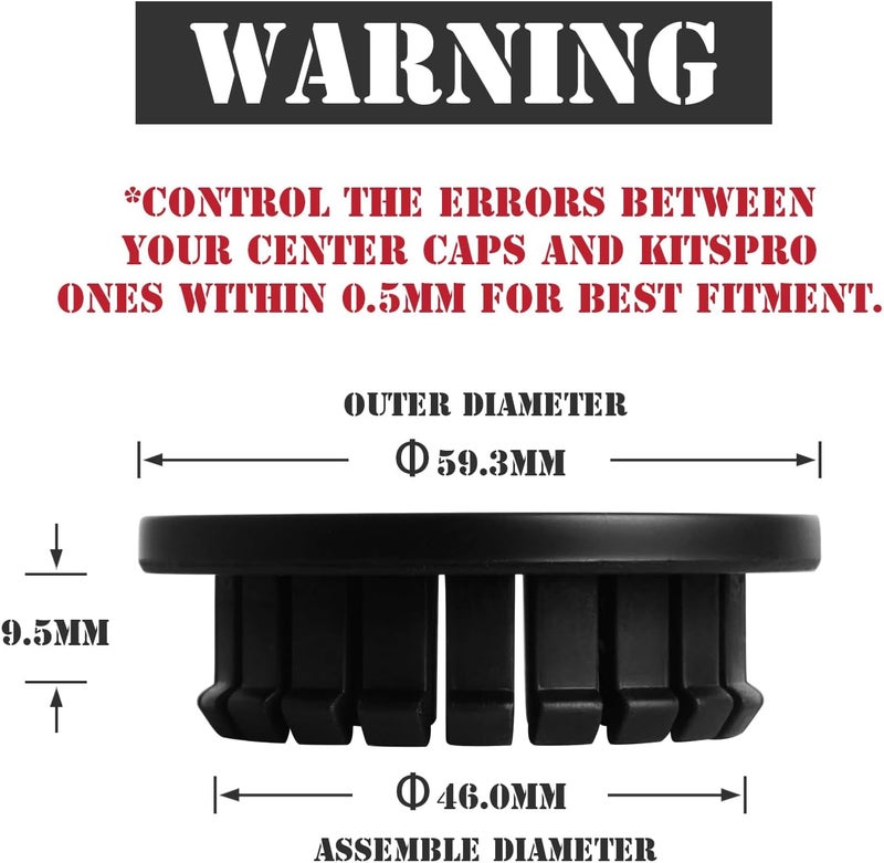 KitsPro 2.3Inch 59MM Wheel Center Caps, Pack of 4 (Matte Black, Outer 59MM, Inner 46MM) - Image 2