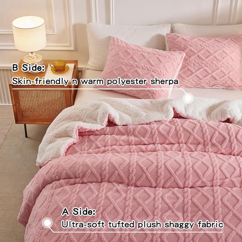 Joyreap 3-Piece Fluffy Faux Fur Sherpa Comforter Set Pink, Twin Size Luxury Tufted Bedding Comforter Set, All Season Soft n Cozy Plush Comforter Bed Set- 68x86 inches - Image 3