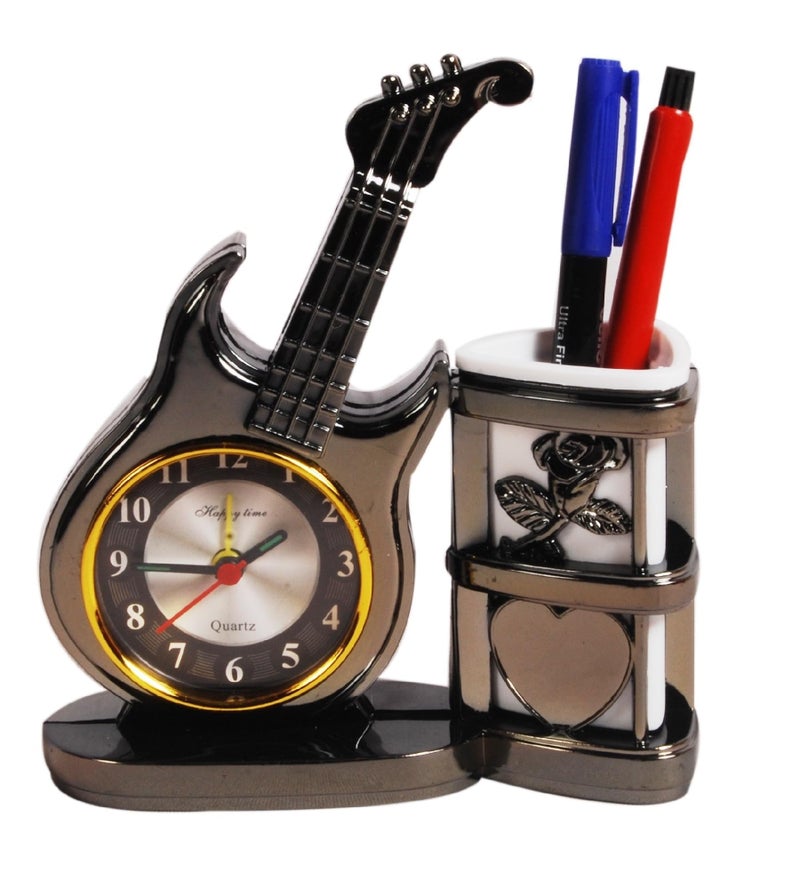 Sigaram Plastic Abstract Analog Alarm Table Clock with Desk Organizer Pen Stand Holder Guiter Design Clock Battery Operated, Multicolour K921 - Image 1