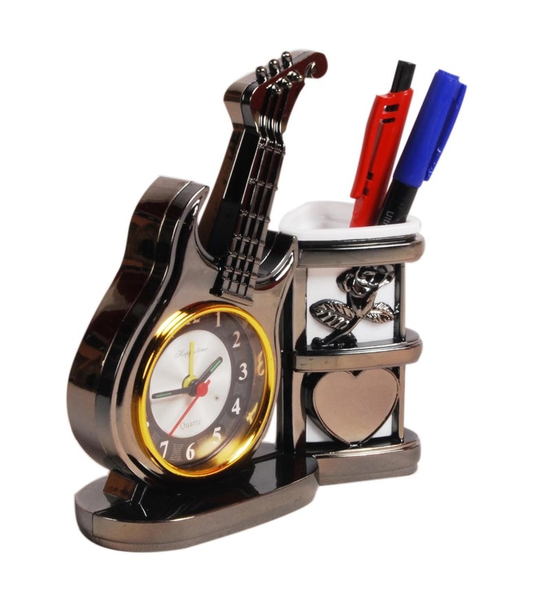 Sigaram Plastic Abstract Analog Alarm Table Clock with Desk Organizer Pen Stand Holder Guiter Design Clock Battery Operated, Multicolour K921 - Image 4