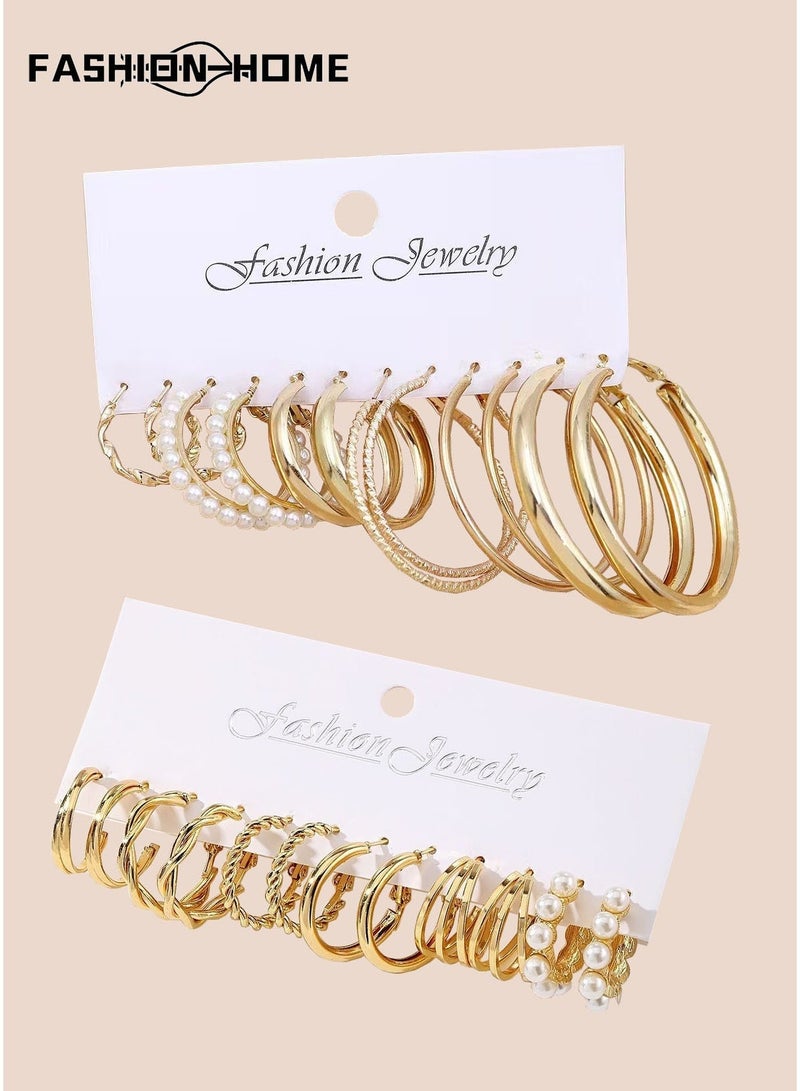 FASHION HOME 12 Pairs Gold Hoop Earrings Set for Women, Fashion Chunky Pearl Earrings Multipack Twisted Statement Earring Pack, Hypoallergenic Small Big Hoops Earrings for Birthday Party - Image 1