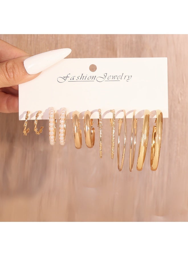 FASHION HOME 12 Pairs Gold Hoop Earrings Set for Women, Fashion Chunky Pearl Earrings Multipack Twisted Statement Earring Pack, Hypoallergenic Small Big Hoops Earrings for Birthday Party - Image 3