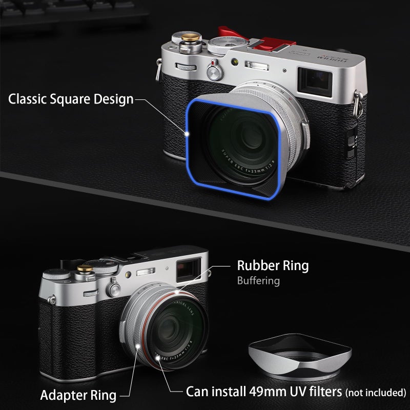 Haoge LH-X200S Square Metal Lens Hood with 49mm Adapter Ring Metal Cap for Fujifilm X100VI Fuji X100V X100F X100T X100S X70 Fuji Photo Camera Accessories Silver - Image 2