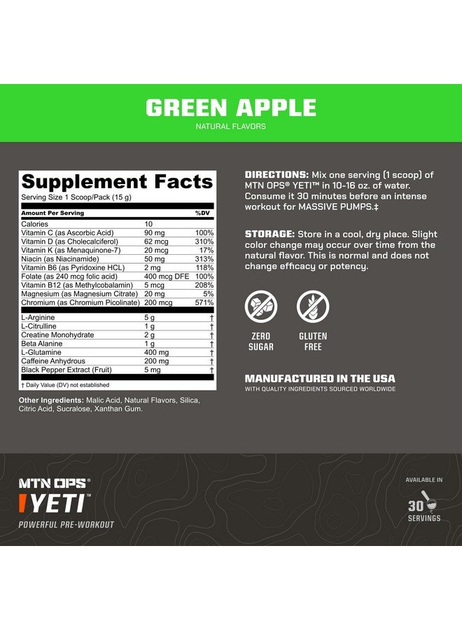 MTN OPS MTN OPS Yeti Pre-Workout Powder Energy Drink with Creatine, 200mg Caffeine & BCAAs with Beta Alanine, 30-Serving Tub, Green Apple  - Image 2