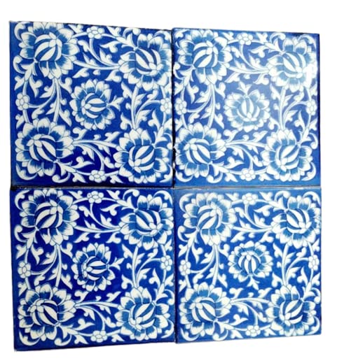 Craft Park Blue Pottery Ceramic Floral Design Decoration Handmade WallFloor Tiles Pack of 4