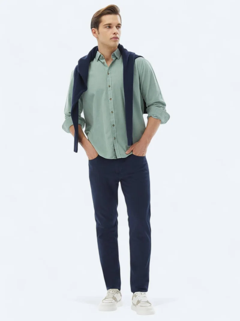 Kip Mint Ribbed Regular Fit Long Weaving Casual 100% Cotton Shirt