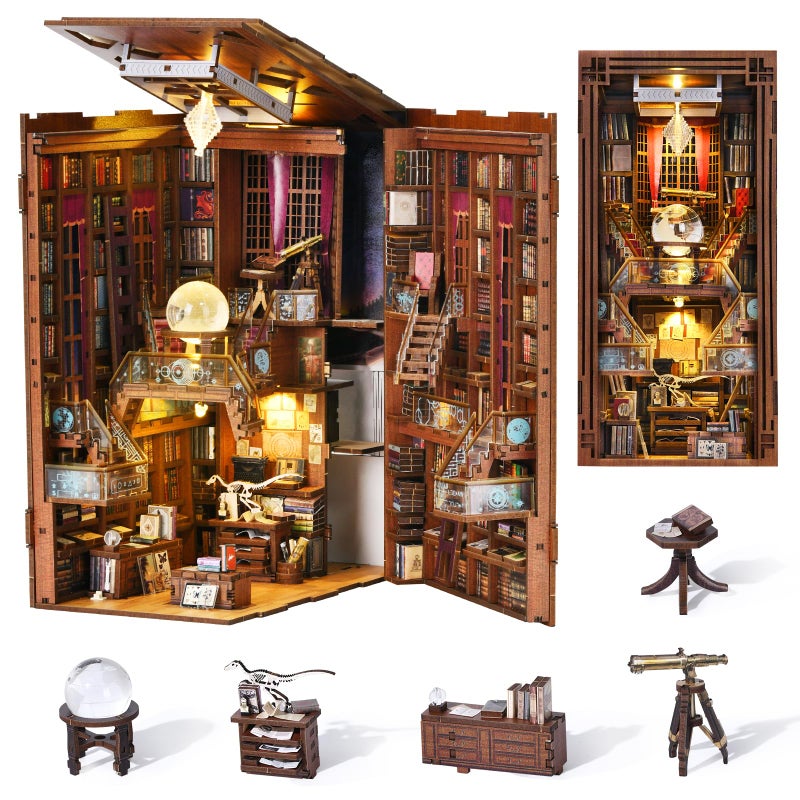 CCCDF DIY Book Nook Kit, DIY Miniature Dollhouse Booknook Kit, 3D Wooden Puzzle Bookend Bookshelf Insert Decor with LED Light for Teens and Adults (Beyond Library) - Image 1
