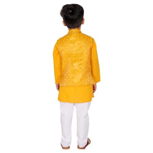 superminis Boy's Cottton Kurta With Golden Thread Work Nehru Jacket and Elastic Closure Pyjama Set (6-7 Years, Yellow) - Image 5