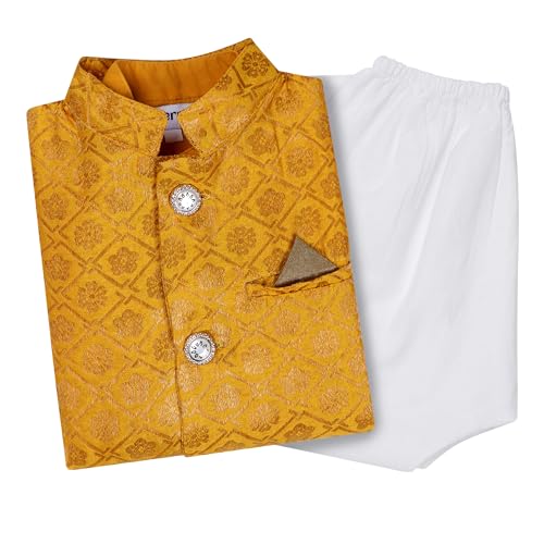 superminis Boy's Cottton Kurta With Golden Thread Work Nehru Jacket and Elastic Closure Pyjama Set (6-7 Years, Yellow) - Image 1