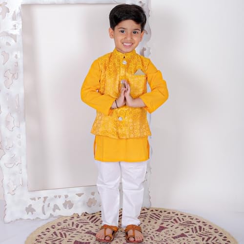 superminis Boy's Cottton Kurta With Golden Thread Work Nehru Jacket and Elastic Closure Pyjama Set (6-7 Years, Yellow) - Image 2