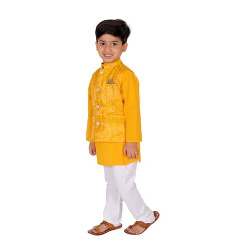 superminis Boy's Cottton Kurta With Golden Thread Work Nehru Jacket and Elastic Closure Pyjama Set (6-7 Years, Yellow) - Image 4
