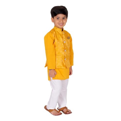 superminis Boy's Cottton Kurta With Golden Thread Work Nehru Jacket and Elastic Closure Pyjama Set (6-7 Years, Yellow) - Image 3