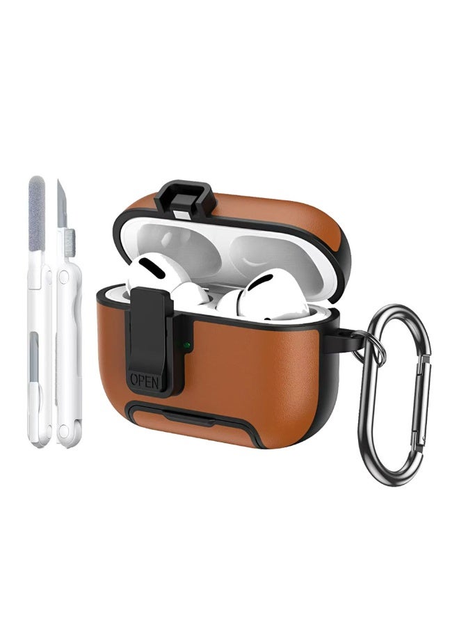 غطاء واقٍ لسماعات AirPods Pro 3، يأتي مع مجموعة تنظيف السماعات وإبزيم معدني. يتميز هذا الغطاء الواقٍ المصنوع من جلد PU بتصميم حامل وقفل مقاوم للصدمات، ويدعم الشحن اللاسلكي. لونه بني فاتح. - Image 1
