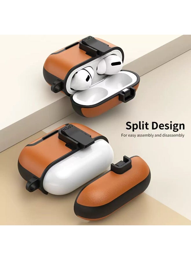 غطاء واقٍ لسماعات AirPods Pro 3، يأتي مع مجموعة تنظيف السماعات وإبزيم معدني. يتميز هذا الغطاء الواقٍ المصنوع من جلد PU بتصميم حامل وقفل مقاوم للصدمات، ويدعم الشحن اللاسلكي. لونه بني فاتح. - Image 3