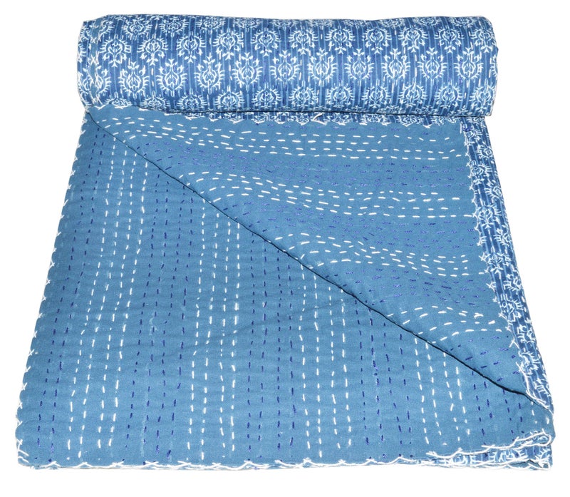 Vedant Designs Vedant Designs Indigo Blue Cotton Kantha Quilt Twin Bedspread 90x60 InchBlue 