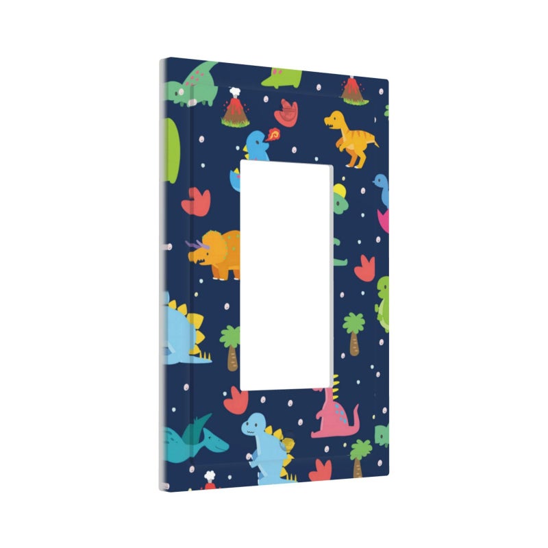 Single Decora Outlet Wall Plate Cover Colorful Cute Dinosaurs Navy Blue Cartoon Kids 1 Gang Rocker Light Switch Plate Receptacle Faceplate for Home Kidroom Nursery Bedroom Decor