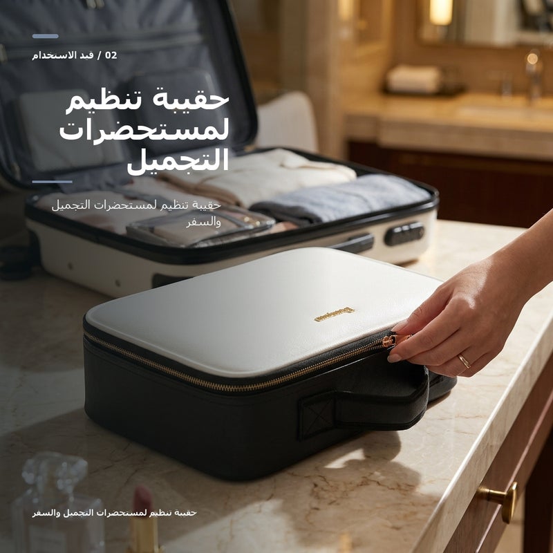 حقيبة تنظيم مستحضرات التجميل بسعة كبيرة وبمرآة وتنظيم عملي لـ المكياج وأدوات التجميل والتخزين اليومي أثناء السفر منظم مع مرآة - Image 3