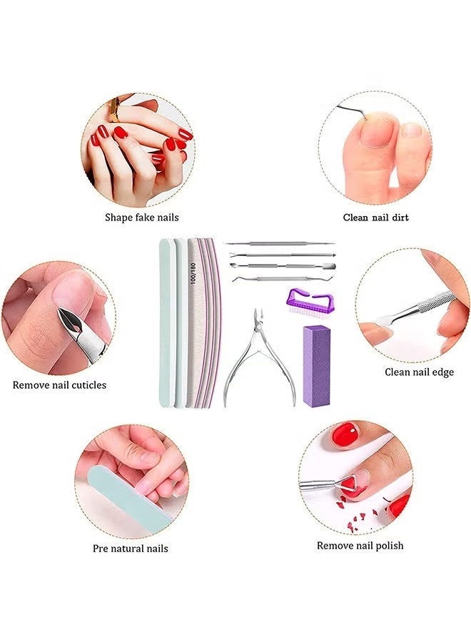 12 PCS Nail Files And Buffer Block Set, Cuticle Nippers with 100/180 Emery Boards Nail Buffer Kit, Pusher Toenail Lifter Peeler Scraper Nail Brush, For Manicure And Pedicure Tools (Purple) - view 3