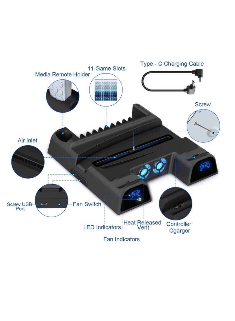Captaintech PS5 Stand with Cooling Fan - MAKINGTEC Dual Controller Charger for Playstation 5 PS5 Console, Disc & Digital Editions with 3 Adjustable Fans Speed and USB Ports 11 Games Storage for PS5 (Black) - Image 5