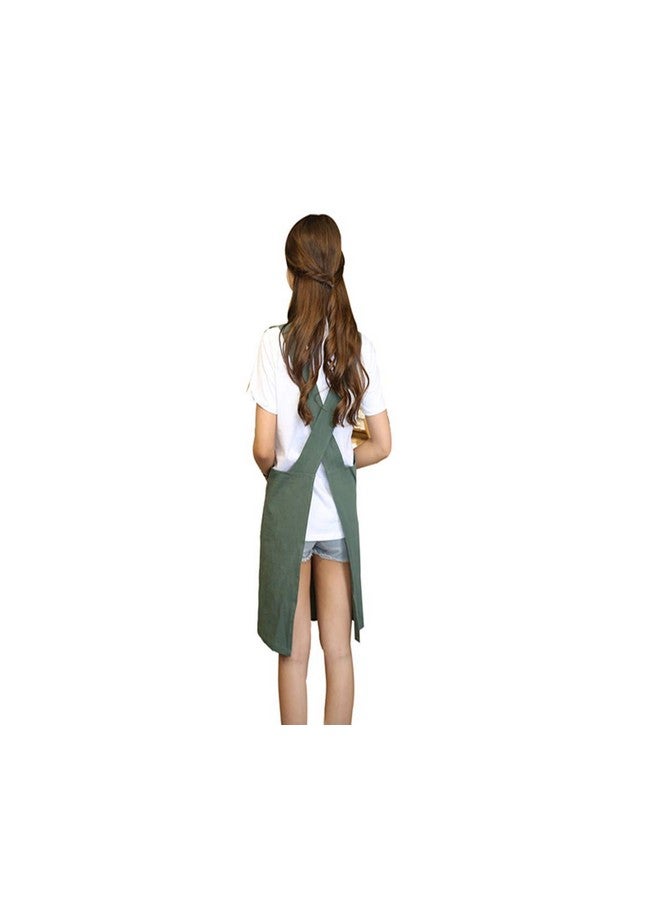 KKTOCHVC Women's Cross Back Apron, Japanese Style Apron Bib, Baking Gardening Cleaning Works Cotton Linen Blend Apron with 2 Pockets (Green) - Image 1