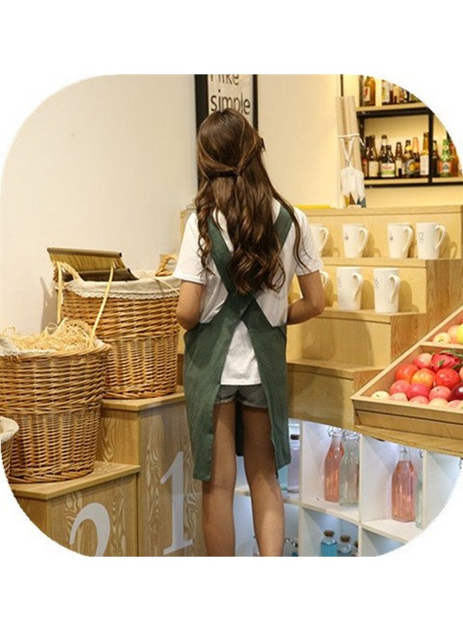 KKTOCHVC Women's Cross Back Apron, Japanese Style Apron Bib, Baking Gardening Cleaning Works Cotton Linen Blend Apron with 2 Pockets (Green) - Image 4