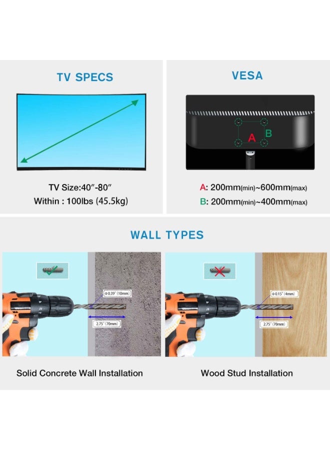 NB NORTH BAYOU Full Motion TV Wall Mount for 40–80 Inch TVs , Swivel up to 180° – Heavy Duty Wall Bracket Support up to 45kgs, Max VESA 600x400mm - Image 5